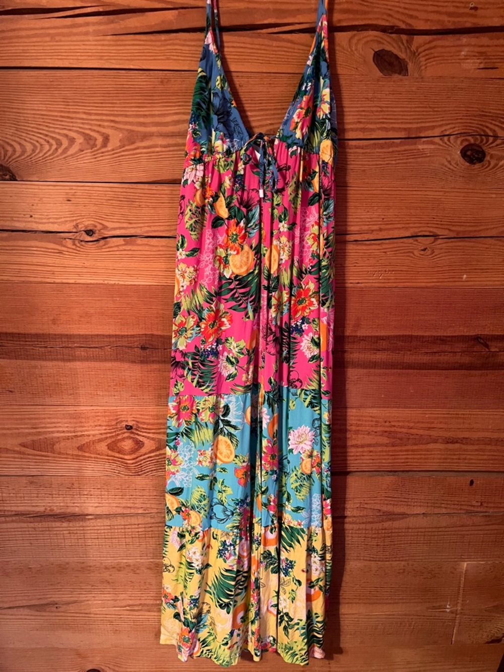 Bar III Tropical Patchwork Backless Maxi Dress in Pink/Blue/Yellow Cruise Wear